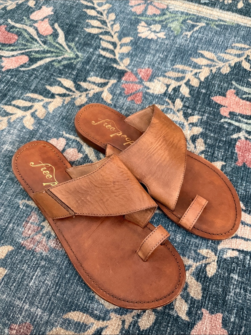 Free People Cognac Brown Leather Crossover Slide Sandals